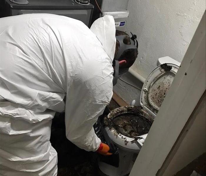 SERVPRO team member in full gear by a toilet with a sewage backup.